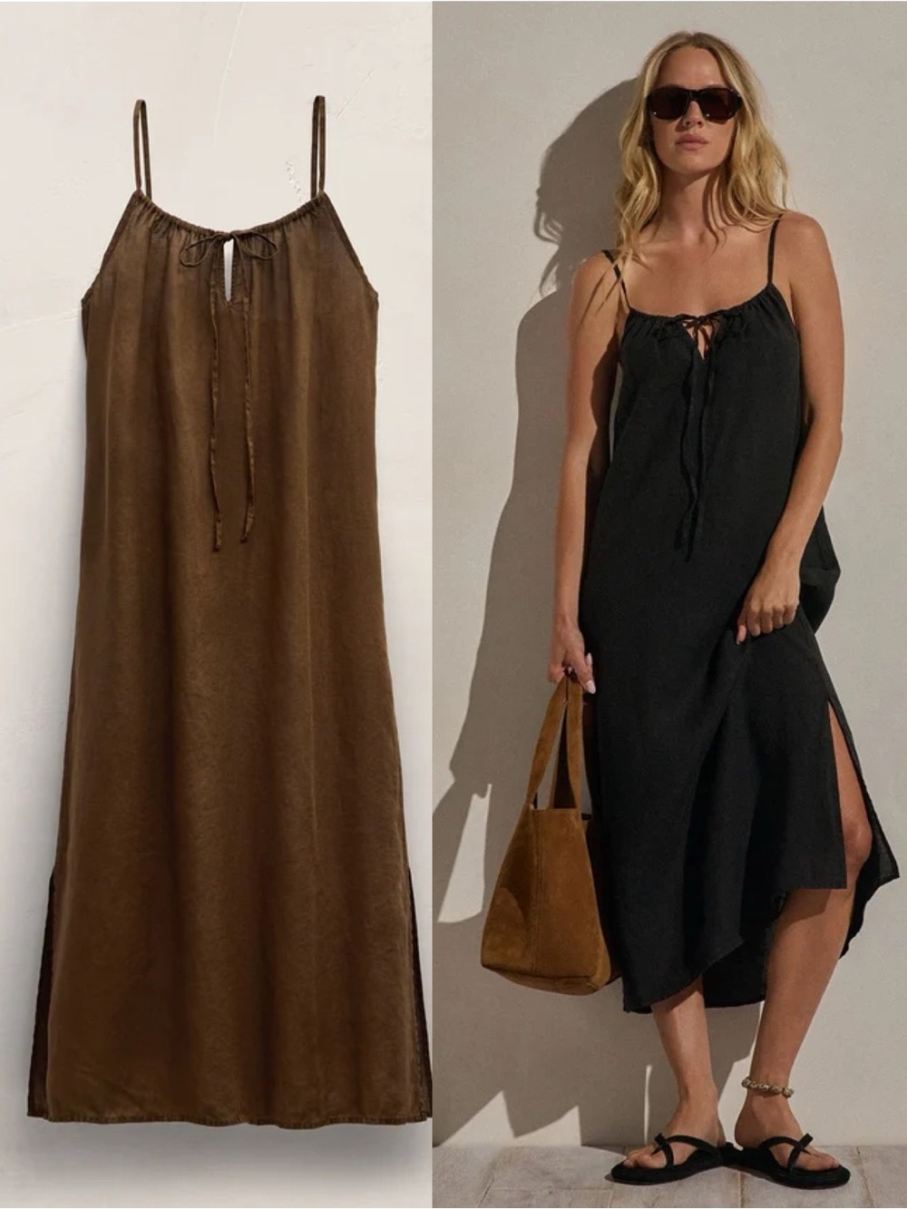 James Perse LIGHTWEIGHT LINEN STRAPPY CAMI DRESS in Cocoa Pigment Sz S